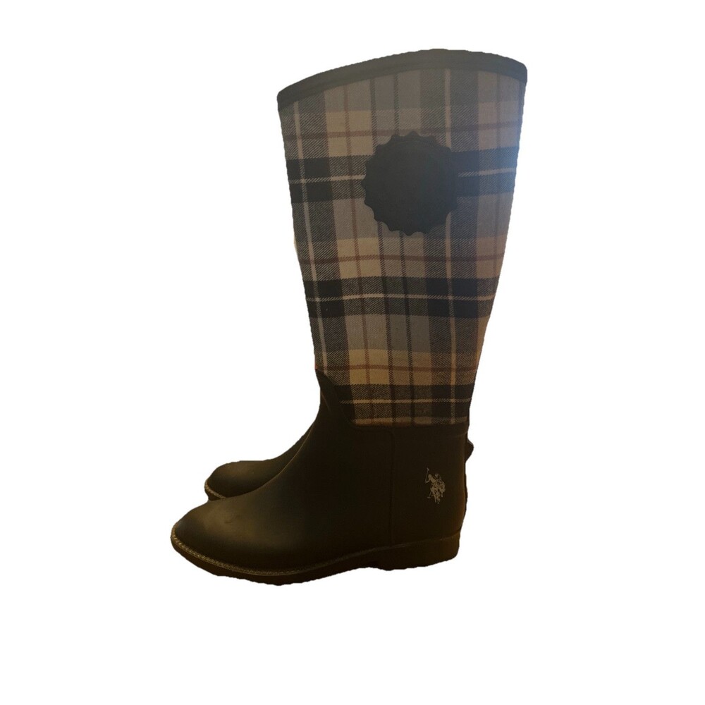 Women's U S Polo Assn Black & Brown Plaid Knee High Boots Size 6M EUC